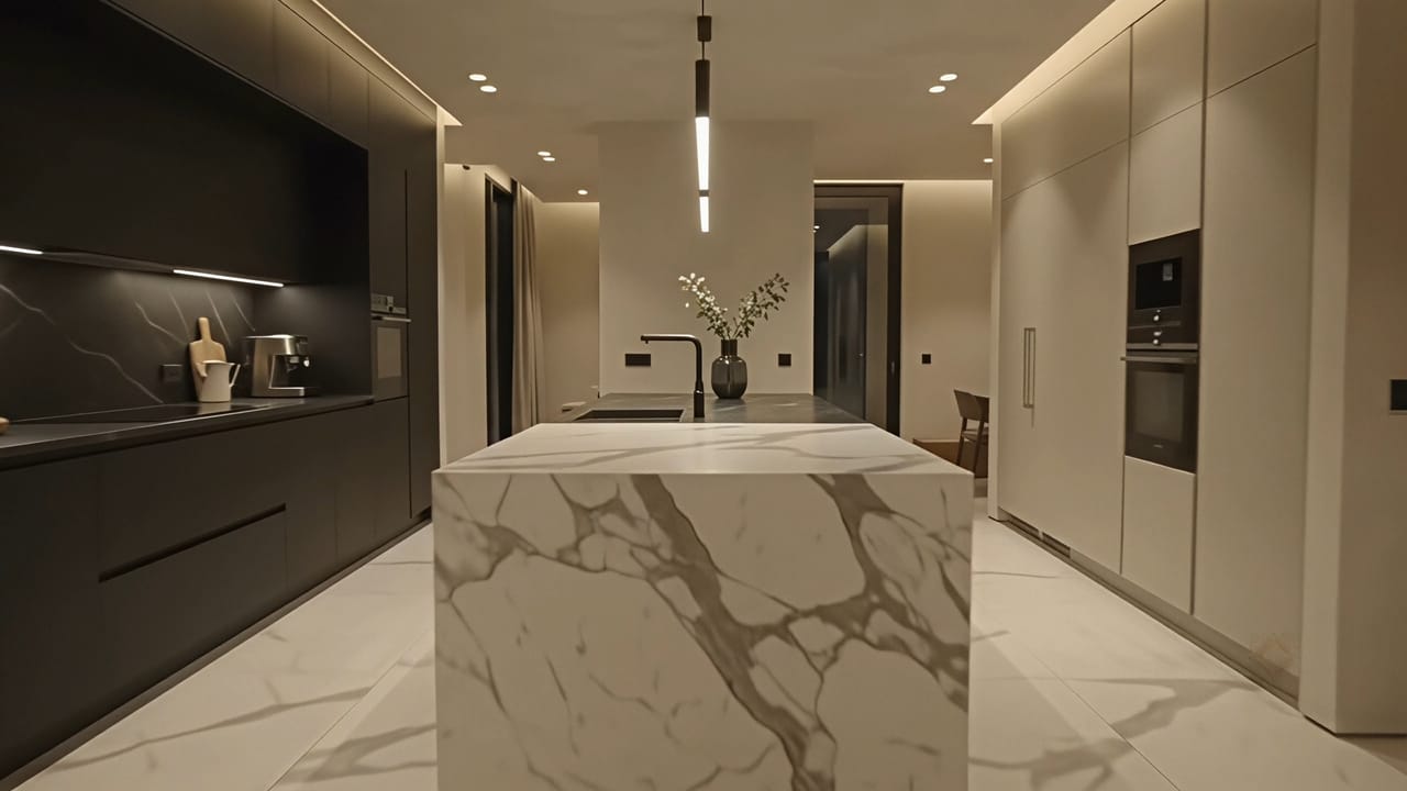 Night perspective of architectural lighting and volumetric forms