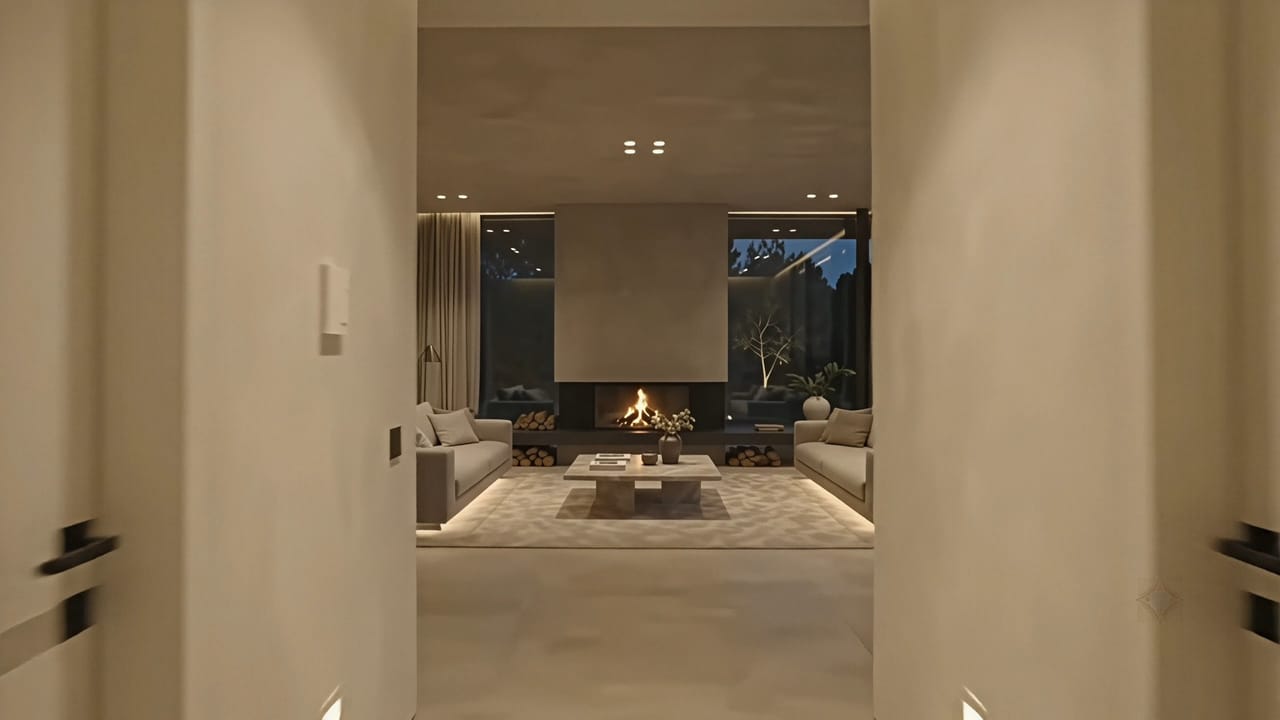 Twilight exterior courtyard framing open sky