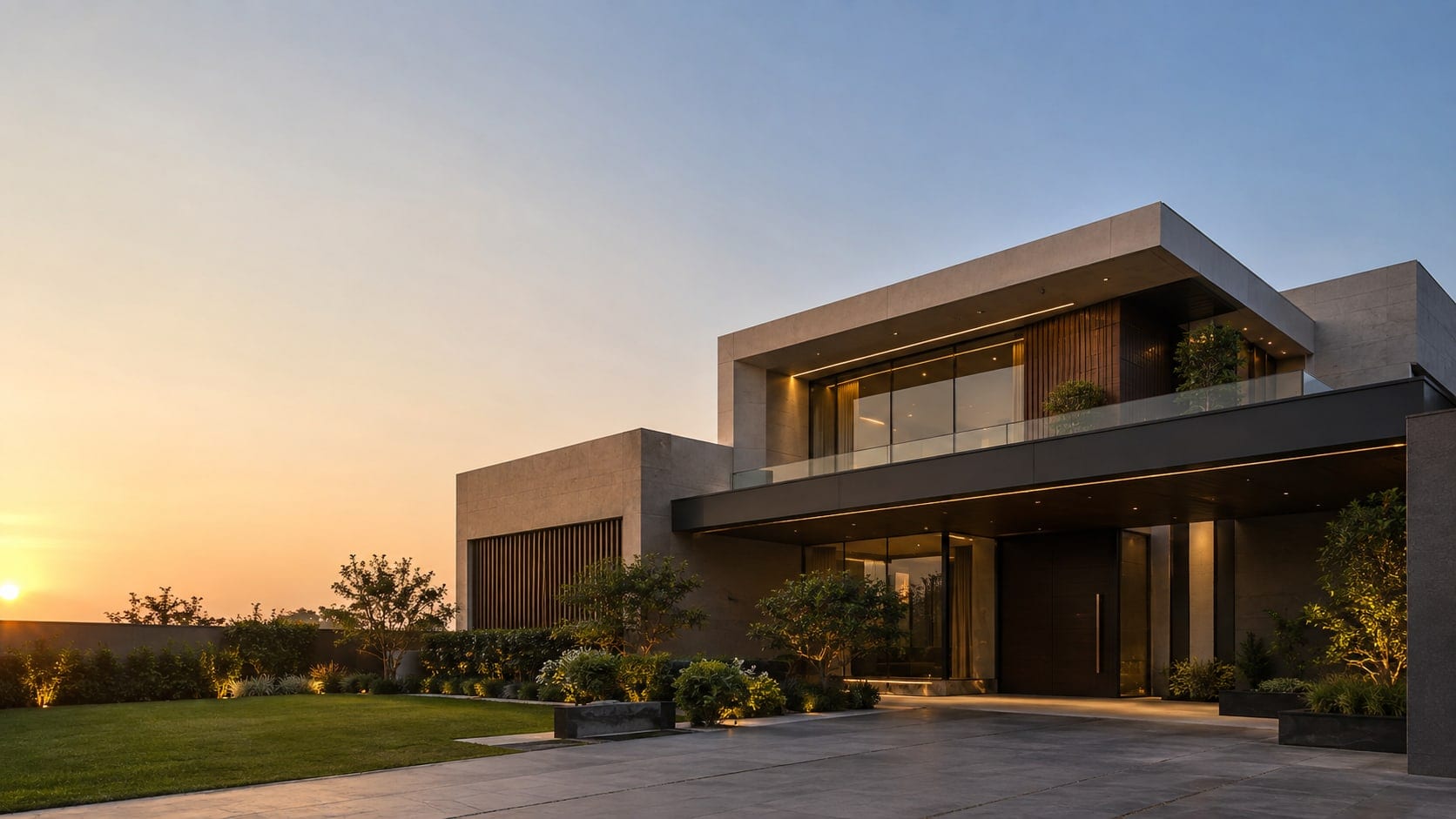 The 1 Kanal house in DHA Phase 7, Lahore, photographed at dusk with the entrance courtyard lit.
