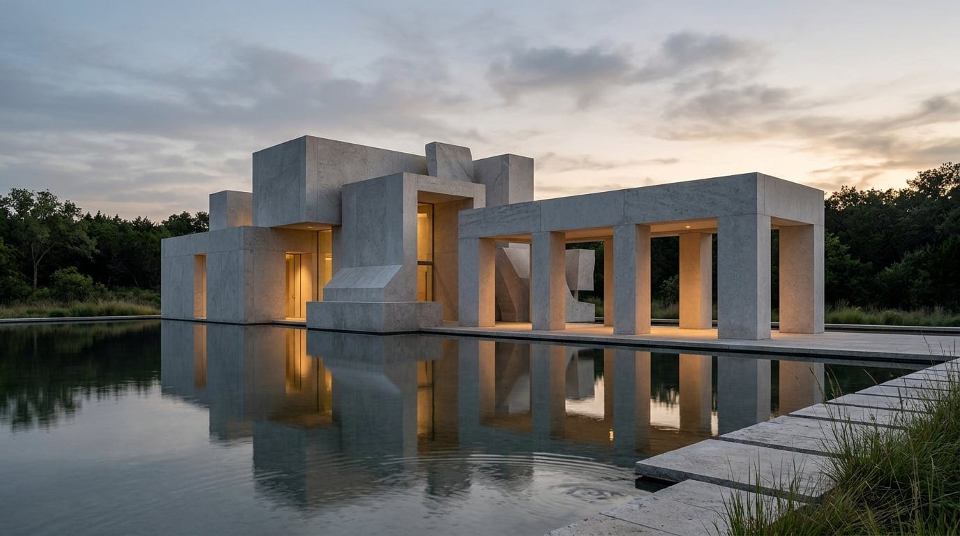 Sculptural contemporary cultural pavilion with calm reflecting pool at twilight.