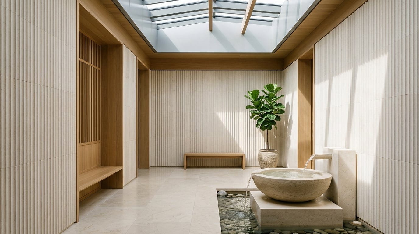 Serene minimalist healthcare interior with natural ceiling lightwell and fluted stone.