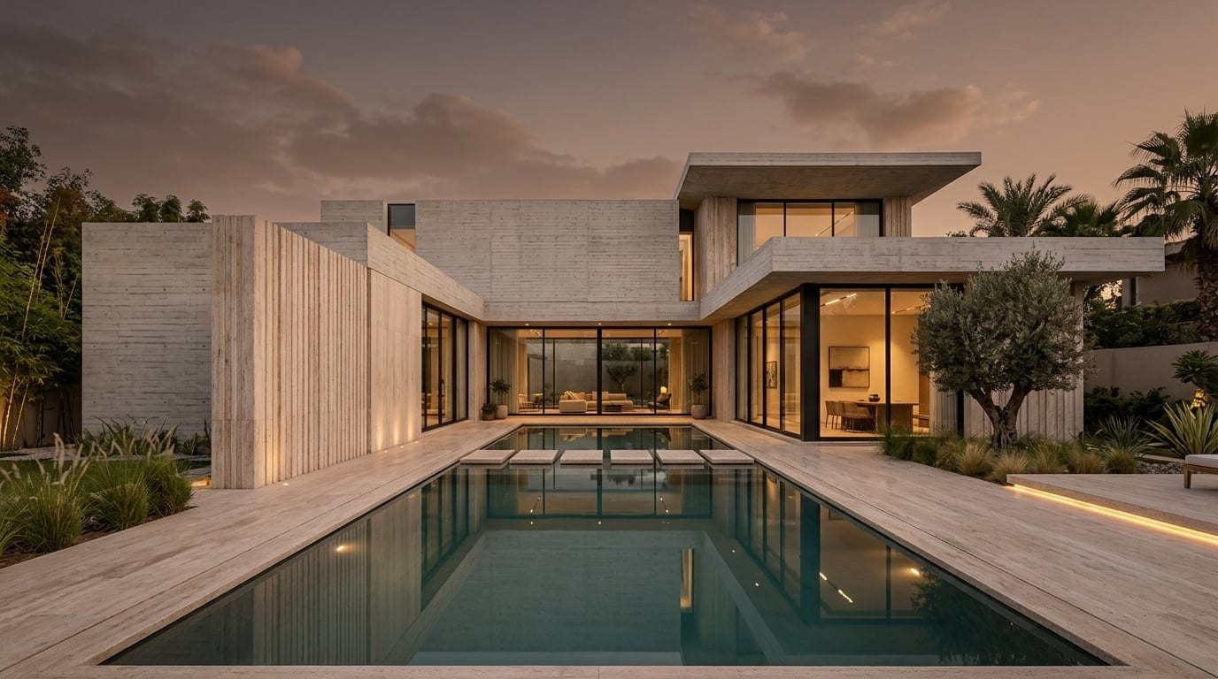 Minimalist luxury architectural villa in Lahore with travertine courtyard and pool.
