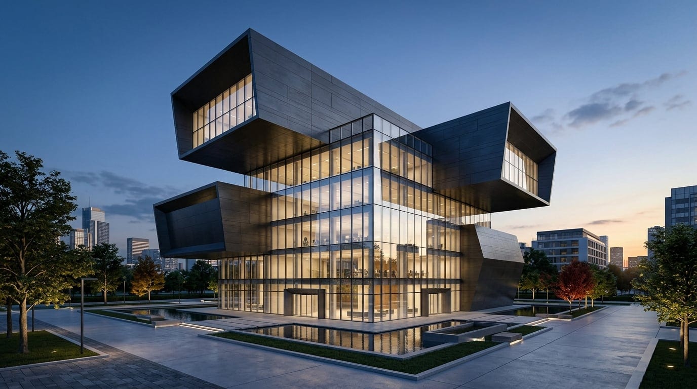 Avant-garde corporate commercial architecture with dark titanium and crystalline glass.